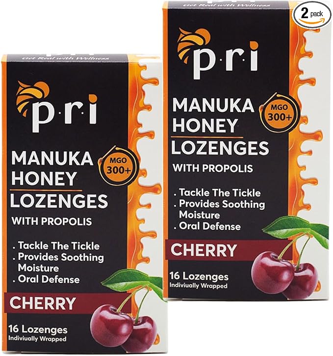 P.R.I Manuka Honey Lozenges with Propolis, Soothing Cough and Throat Drops, MGO 300+ Certified (Cherry, 16 Count/2 Pack)