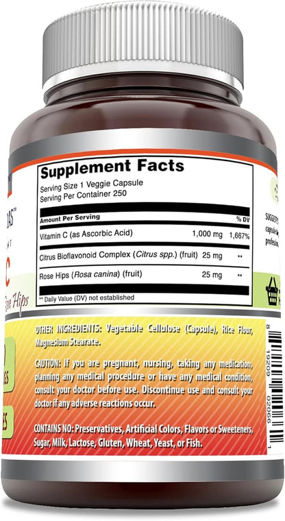 Amazing Formulas Vitamin C (Ascorbic Acid) 1000 mg with Rose HIPS & Citrus Bioflavonoids | Veggie Capsules Supplement | Non-GMO | Gluten Free | Made in USA (250 Count)