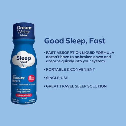Dream Water Sleep Aid Supplement Drink; Melatonin 5mg, GABA, 5-HTP; Zero Sugar, Natural Flavors, No Added Colors, 2.5 oz Liquid Sleep Shots, Nighttime Nectar, 12-Count