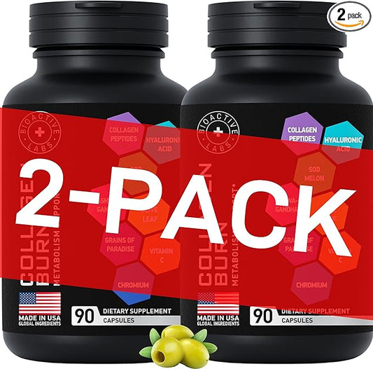 Thermogenic Multi Collagen Burn Capsules - Hydrolyzed Collagen Peptides Plus Hyaluronic Acid - Advanced Type I, II, III, V, X - 2-Pack, 180 Collagenic Burn Caps
