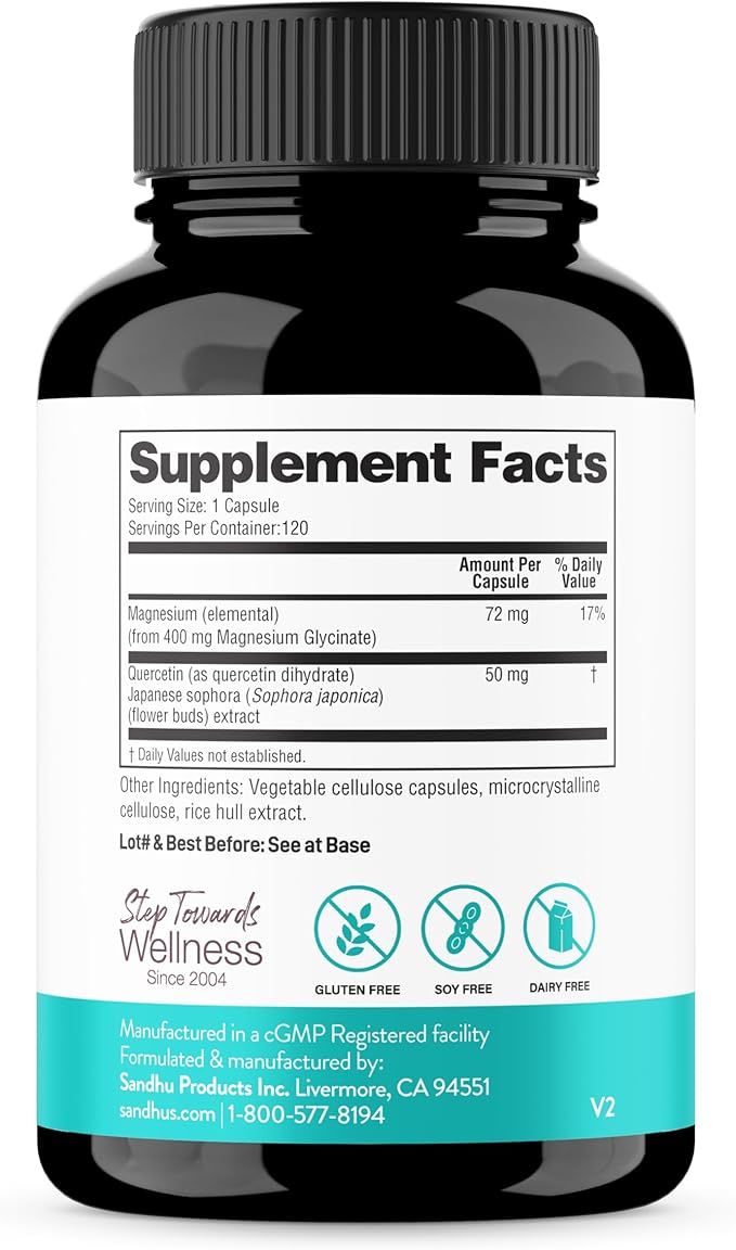 Sandhu's Magnesium Glycinate with Quercetin Capsules for Men & Women | Supports Immunity, Bone Health and Quality Sleep | 360 Count