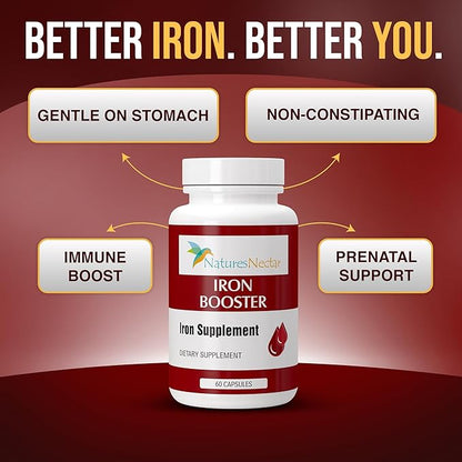 Nature's Nectar Iron Capsules for Women – Slow Release Non-Constipating Pure Iron Booster Supplement with Vitamin B-12, Folic Acid & Vitamin C – Supports Red Blood Cell Production – 60 Capsules