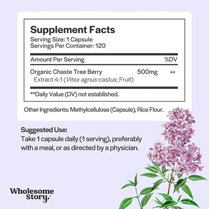 Wholesome Story Organic Vitex Chasteberry Supplement for Women | Vitex Berry Agnus Castus | Chaste Tree Berry Supplement | Hormone Balance & Fertility Support | 120 Capsules