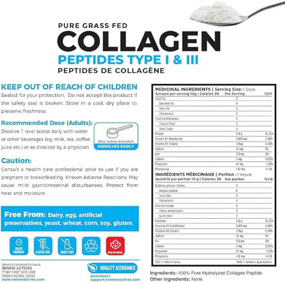 Renew Actives Hydrolyzed Collagen Peptides Powder 10G per Serving – Premium Grass-Fed Collagen for Skin, Joints & Hair – 9.4g Protein – Supports Collagen Formation & Muscle Recovery – Made in Canada