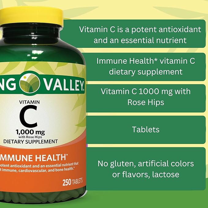 Spring Valley Vitamin C 1000mg with Rose HIPS Tablets Dietary Supplement, Antioxidant Protection, 250 Count (Pack of 1)