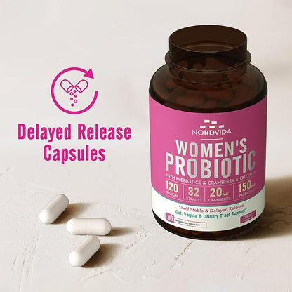 Women's Probiotic, 120 Billion & 32 Strains with Cranberry, Prebiotics & Digestive Enzymes, Gut, Vaginal & Urinary Tract Support, 30 Delayed Release Capsules