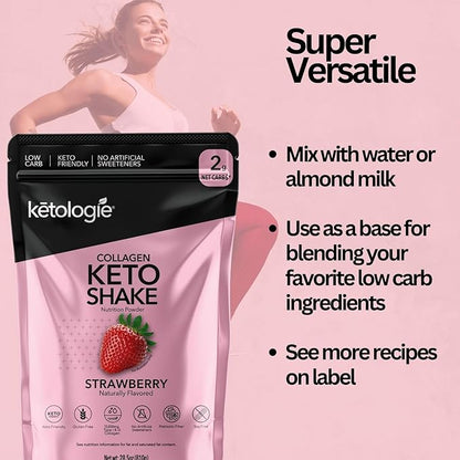 Keto Collagen Shake (Strawberry) - with Coconut Oil, Prebiotics, Grass Fed Hydrolyzed Collagen Peptides Type I & III, Low Carb, Gluten Free,1.78lbs.