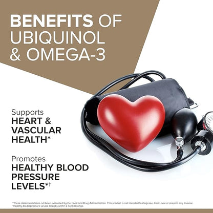 Qunol Plus Ubiquinol + Omega 3, Ubiquinol CoQ10 200mg with 250mg Omega-3 Fish Oil, Extra Strength, Antioxidant for Heart Health, Natural Supplement for Energy Production, (Bovine Version), 90 Count