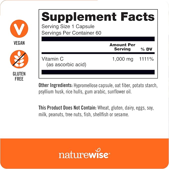 NatureWise Vitamin C 1000mg Capsules - Extra Strength Vegan Vitamin C for Daily Antioxidant & Immune Support - Non-GMO, USA Manufactured - 60 Capsules[60-Day Supply]