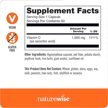 NatureWise Vitamin C 1000mg Capsules - Extra Strength Vegan Vitamin C for Daily Antioxidant & Immune Support - Non-GMO, USA Manufactured - 60 Capsules[60-Day Supply]