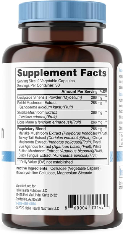 Happy Brain Mushroom Complex Nootropics Brain Support Supplement, 10 Mushroom Supplement: Lions Mane, Turkey Tail, Red Reishi, Shiitake Mushrooms for Improved Clarity, Energy, Immune Support 60ct. 2pk