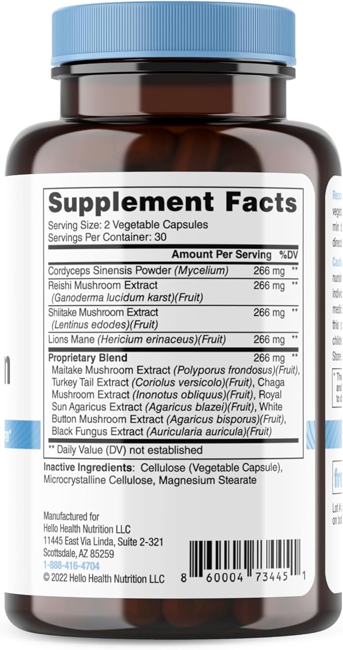 Happy Brain Mushroom Complex Nootropics Brain Support Supplement | 10 Mushroom Supplement: Lions Mane, Turkey Tail, Red Reishi, Shiitake Mushrooms for Mental Clarity, Energy & Immune Support 60 ct