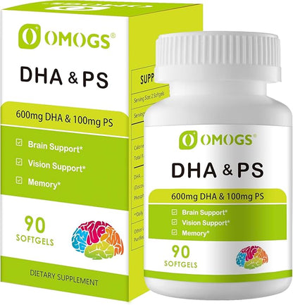 Algae DHA - 600 mg Omega-3 DHA Softgels, with Phosphatidylserine & Walnut Oil, Supports Healthy Brain Function, Vision, Eye & Memory, Gluten Free, Non-GMO Vegan Algae Oil, 90 Softgels