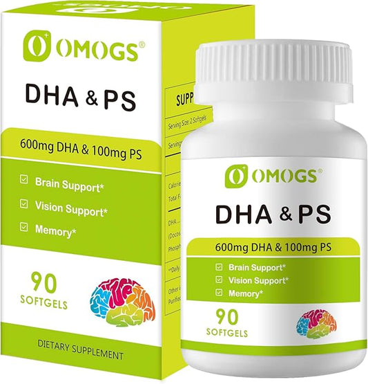 Algae DHA - 600 mg Omega-3 DHA Softgels, with Phosphatidylserine & Walnut Oil, Supports Healthy Brain Function, Vision, Eye & Memory, Gluten Free, Non-GMO Vegan Algae Oil, 90 Softgels