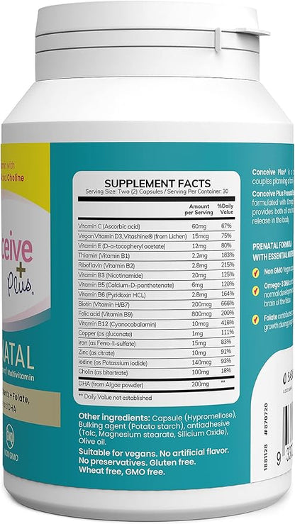 Conceive Plus Prenatal Vitamins for Women Supplement - Multivitamin With Folic Acid for Pregnancy Vegan, Choline, Iron - Pre Natal Vitamins DHA, Non GMO - Maternity Vitamin for Brain & Eye 60 Capsules