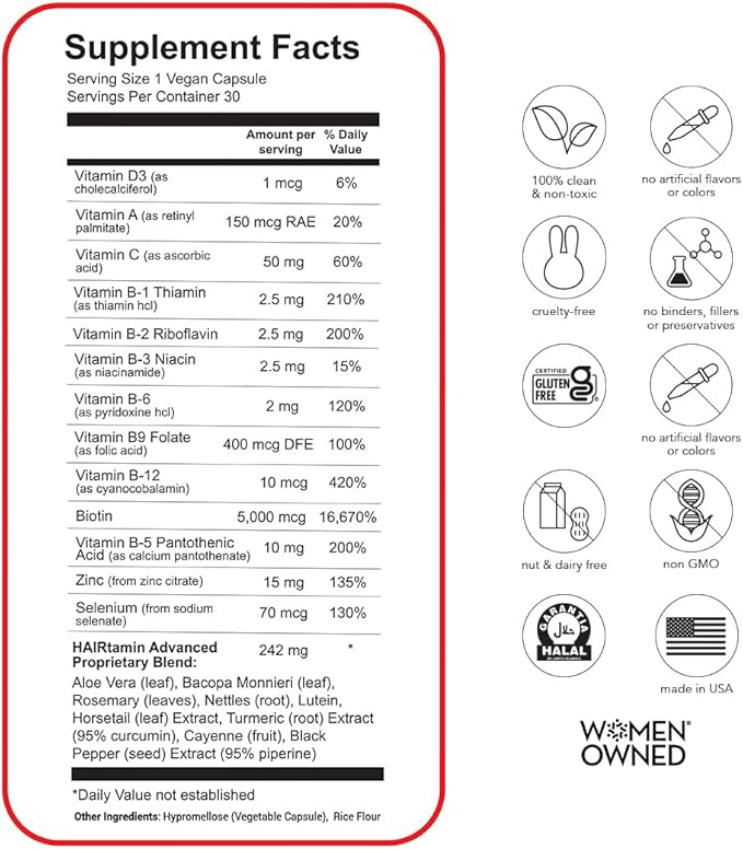 Hairtamin Advanced Vegan Biotin Supplement Pack | Hair, Skin & Nail Vitamins with Gentle Detangling Comb to Promote Growth & Thickness
