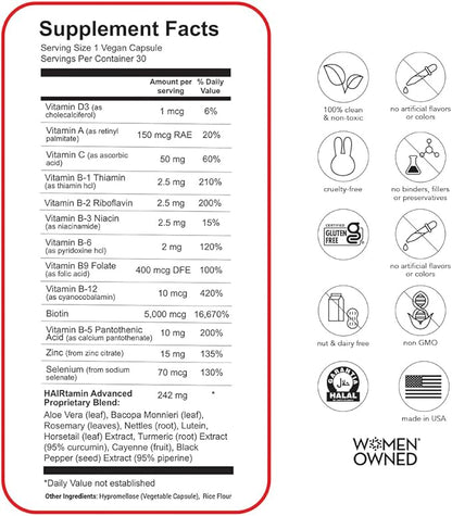 Hairtamin Advanced Vegan Biotin Supplement Pack | Hair, Skin & Nail Vitamins with Gentle Detangling Comb to Promote Growth & Thickness