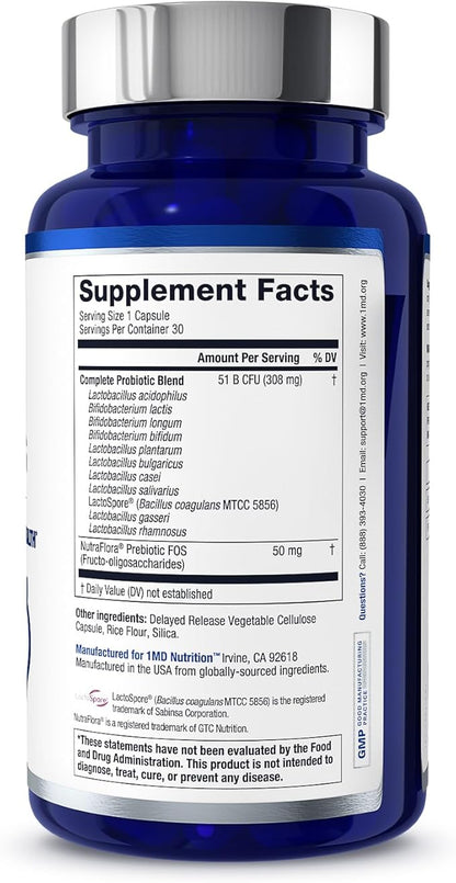 1MD Complete Probiotics Platinum | Supports Digestive Health | with Nourishing Prebiotics, 51 Billion Live CFU, 11 Strains, Dairy-Free | 30 Vegetable Capsules (2-Pack)