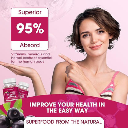Vitamin D3 10000 IU + K2 (MK7) 200mcg w/Calcium Magnesium Zinc Elderberry & Inulin-Highly Bioavailable-Enhanced Absorption for Immune & Bone Support- K2 D3 Vitamin Supplement-Vegan Gummies