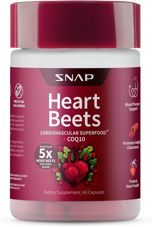 Snap Supplements Heart Beets, USDA Organic Beet Root, 3-in-1 Cardiovascular Superfood, Support Healthy Blood Pressure and Heart Health, 250g (Capsules)