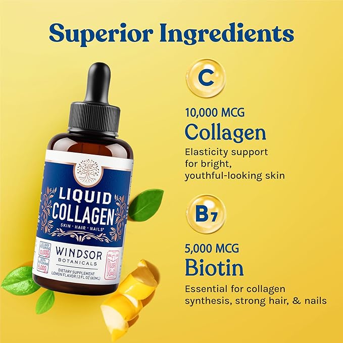 WINDSOR BOTANICALS Liquid Collagen for Women and Men - Hair, Skin, Nails Vitamins - Lemon Flavor Collagen Peptides Hair Growth Drink - 5,000mcg Biotin, 10,000mcg - US Made - 2x2oz