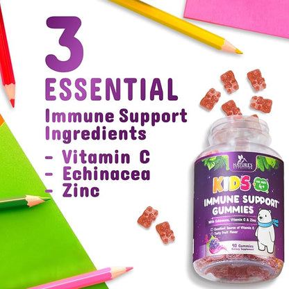 Kids Immune Support Gummy - Vitamin C, Zinc & Echinacea, Berry Flavor Children's Daily Immune Health Support Gummies for Ages 4 and Up, Nature's Vitamins for Kids, Vegan & Non-GMO - 90 Gummies