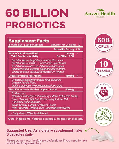 Probiotics for Women Digestive Health - 60 Billion Vaginal Probiotic Organic Prebiotics with Cranberry & D-Mannose for Gut, Urinary, Immune Health, Vegan & Non-GMO | 270 Capsules