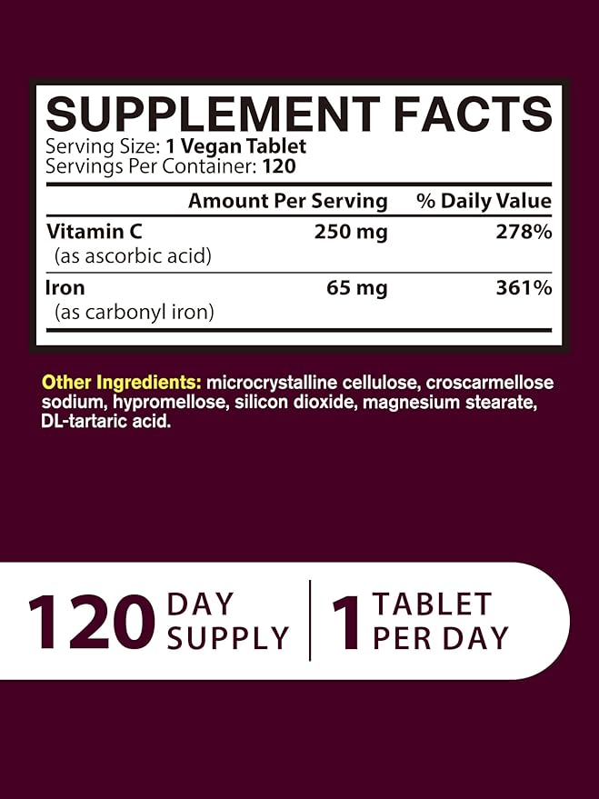 Iron Supplement for Women Men, High Potency Iron 65mg with Vitamin C 250mg, Stomach Friendly Iron Pills for Red Blood Cell & Immune Support, Non-GMO & Gluten Free,120 Vegan Tablets