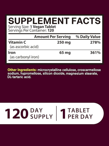 Iron Supplement for Women Men, High Potency Iron 65mg with Vitamin C 250mg, Stomach Friendly Iron Pills for Red Blood Cell & Immune Support, Non-GMO & Gluten Free,120 Vegan Tablets