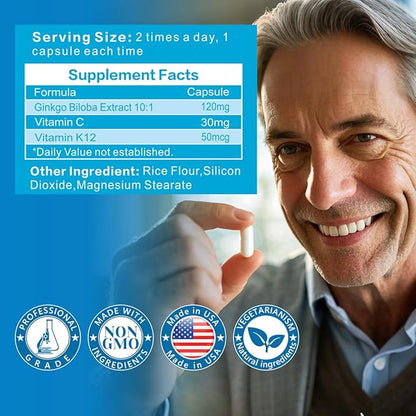 Ginkgo Biloba Capsules Supplements Extra Strength Supports Brain Function & Memory Support, 60 Vegetarian Capsules