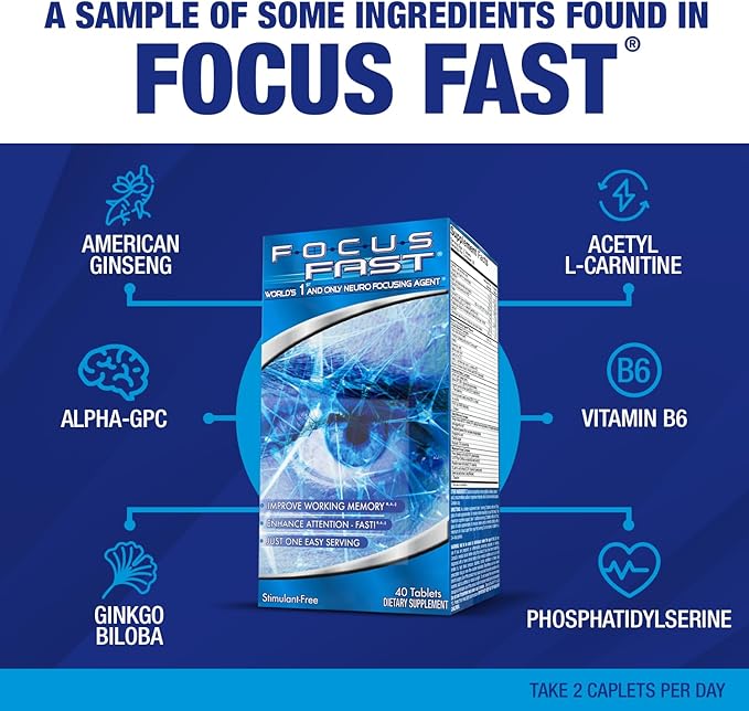Focus Fast Brain Supplement - Improve Working Memory, Enhance Focus, Boost Cognition in as Little as 1 Hour. Caffeine/Stimulant Free Nootropic