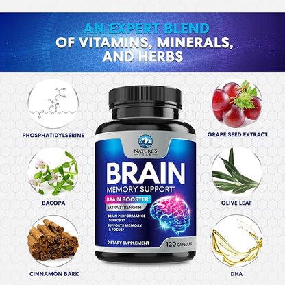 Brain Supplement Memory Pills - Nootropics Support for Concentration, Clarity, Energy & Focus - Brain Health with Bacopa, Cognitive Vitamins, Phosphatidylserine, DMAE - Brain Booster - 120 Capsules