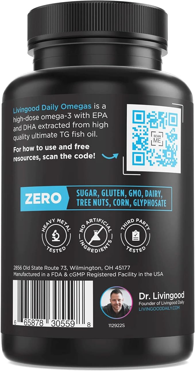 Livingood Daily Fish Oil Supplements with Omega 3 Fatty Acid, Omegas (60 Softgels) - EPA & DHA Fish Oil Pills Support Heart Health - Promotes Healthy Digestion & Brain Function - Non-GMO