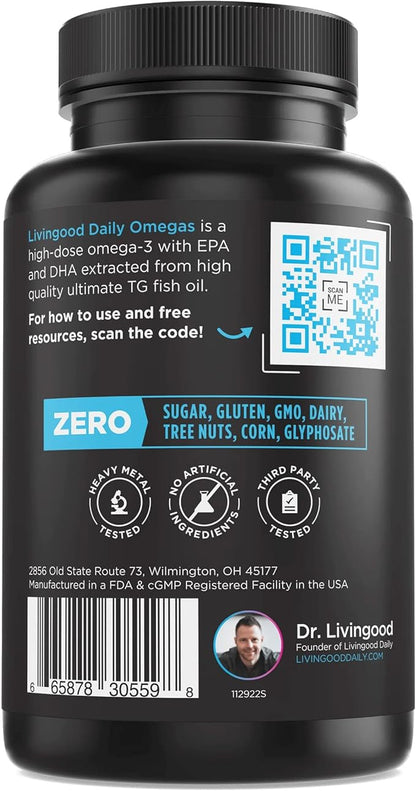 Livingood Daily Fish Oil Supplements with Omega 3 Fatty Acid, Omegas (60 Softgels) - EPA & DHA Fish Oil Pills Support Heart Health - Promotes Healthy Digestion & Brain Function - Non-GMO