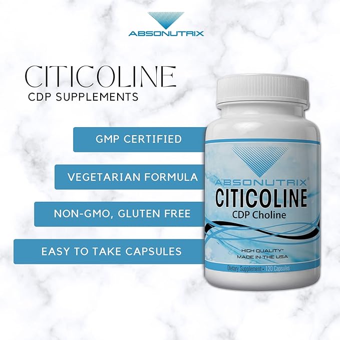 Absonutrix Citicoline CDP Choline 530mg, Nootropic Supplement, GMP Certified, Third-Party Tested, Easy to Swallow, 120 Veg caps, Improves Cognitive Skills, Supports Memory, Non-GMO, Made in USA
