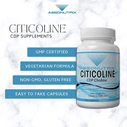 Absonutrix Citicoline CDP Choline 530mg, Nootropic Supplement, GMP Certified, Third-Party Tested, Easy to Swallow, 120 Veg caps, Improves Cognitive Skills, Supports Memory, Non-GMO, Made in USA