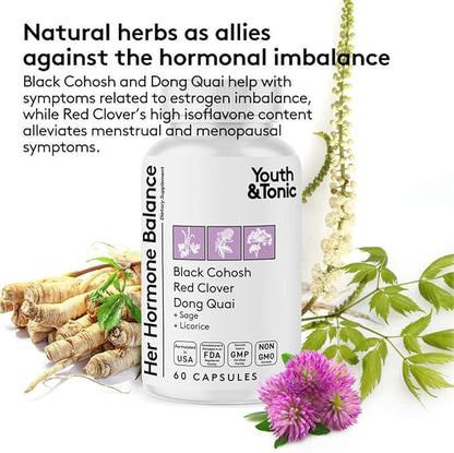 Hormone Balance for Women PMS & Menopause Relief Support Pills | Ease Female all Stages Hormonal Imbalance w Natural Herbal Supplements | Black Cohosh Red Clover Dong Quai Soy Isoflavones Complex