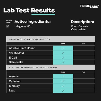 Prime Labs L Arginine 1500mg - Nitric Oxide Supplement - Blood Flow, Energy, Strength, Endurance - 60 Count