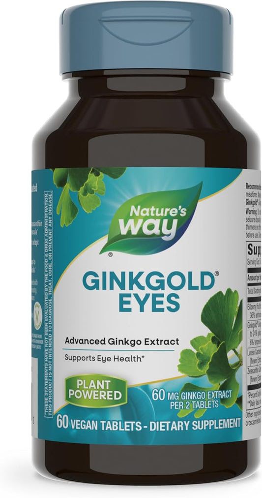 Nature's Way Ginkgold Eyes, Gingko Biloba Supplement for Adults, Supports Eye Health*, Gluten Free, 60mg Ginkgo Biloba Extract Per 2-Tablet Serving, 60 Tablets