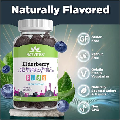 Black Sambucus Elderberry Gummies for Kids – Immune Support Supplement with Vitamin C and Vitamin D3 for Immunity Boost – Vegetarian, Non-GMO, Gluten Free, Nut and Dairy Free – 120 Gummies (Pack of 1)