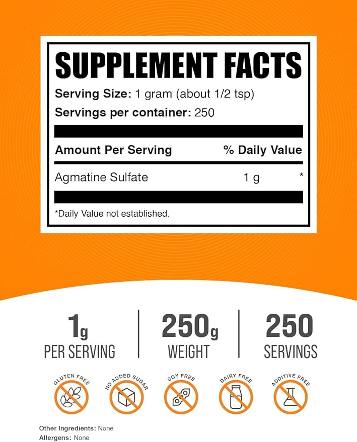 BulkSupplements.com Agmatine Sulfate Powder - Nitric Oxide Supplement - Unflavored & Gluten Free, 1g per Serving, 250g (8.8 oz) (Pack of 1)