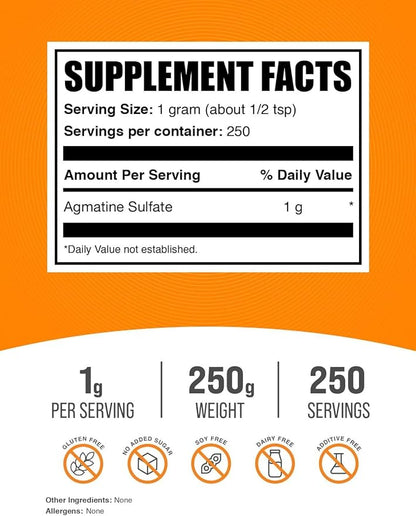 BulkSupplements.com Agmatine Sulfate Powder - Nitric Oxide Supplement - Unflavored & Gluten Free, 1g per Serving, 250g (8.8 oz) (Pack of 1)
