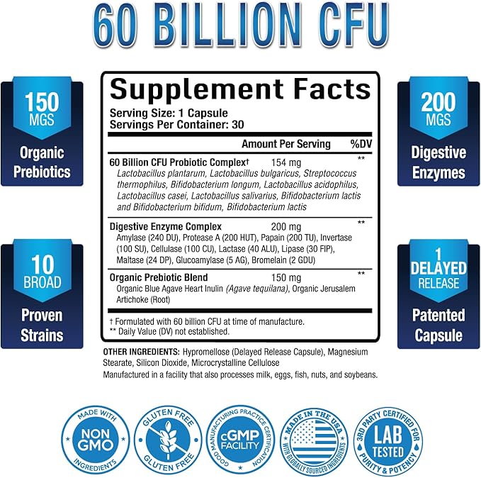 Purely Optimal Premium Probiotics 60 Billion CFU w/Organic Prebiotics & Digestive Enzymes