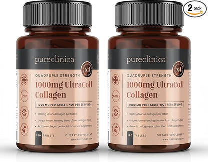 pureclinica UltraColl Marine Collagen 1000mg x 360 Tablets (2 Bottles of 180 Tablets - 6 Months Supply). The only Patented Anti-Aging Collagen Types I, II, III, and VII