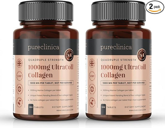 pureclinica UltraColl Marine Collagen 1000mg x 360 Tablets (2 Bottles of 180 Tablets - 6 Months Supply). The only Patented Anti-Aging Collagen Types I, II, III, and VII