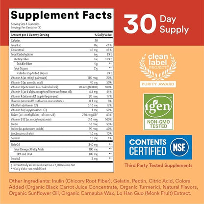 SmartyPants Kids Multivitamin Gummies and Fiber Supplement: Vitamin D3, C, Vitamin B12, B6, A, Zinc, Biotin, Inositol, Fiber Gummies, Three Fruit Flavors, 120 Count (30 Day Supply)