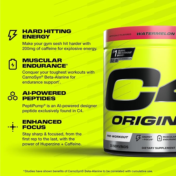 Cellucor C4 Original Pre Workout Powder Sugar Free for Men & Women 200mg Caffeine + CarnoSyn Beta-Alanine + Creatine + AI Peptides - Watermelon, 30 Servings