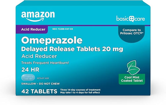Amazon Basic Care Omeprazole Delayed Release Tablets 20 mg, Cool Mint, Acid Reducer, Treats Frequent Heartburn, 42 Count