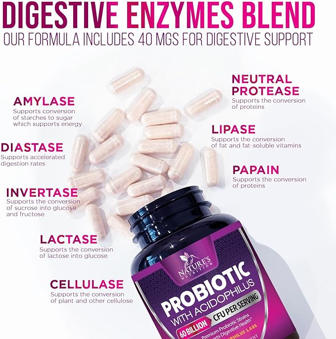 Probiotics 60 Billion CFU per Serving - 10 Strains + Prebiotics - Immune, Digestive & Gut Health Support, Supports Occasional Constipation, Gas & Bloating for Women & Men, Shelf Stable - 60 Capsules