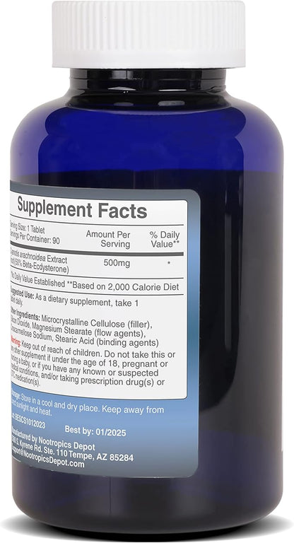 Nootropics Depot Beta Ecdysterone/20-Hydroxyecdysone 50% Tablets | 500mg | Cyanotis Arachnoidea Extract | Phytoecdysteroid | 90 Count